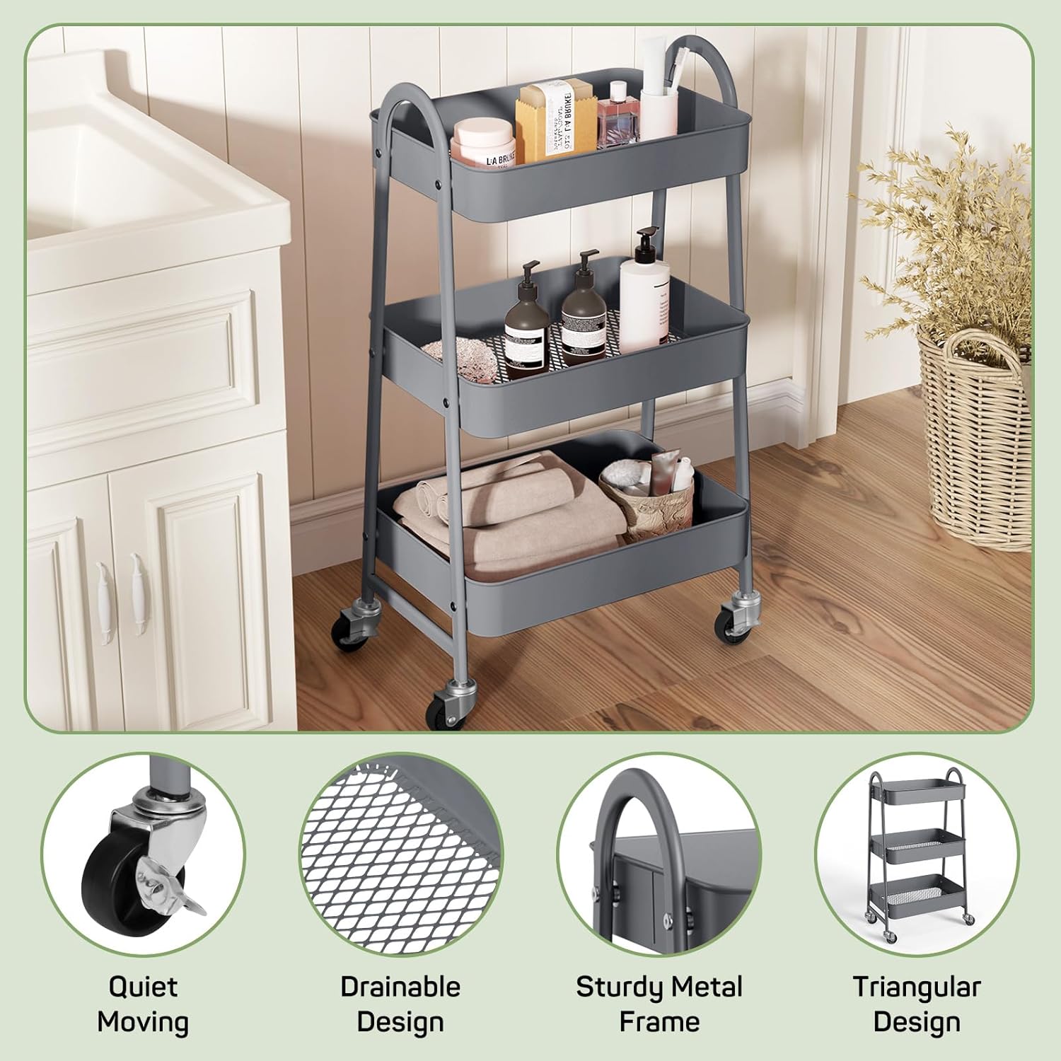 MyDepot Utility Cart 3-Tier Kitchen Storage Rack with Handle and Lockable Wheels for Office, Kitchen, Living Room, Bathroom