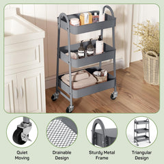 MyDepot Utility Cart 3-Tier Kitchen Storage Rack with Handle and Lockable Wheels for Office, Kitchen, Living Room, Bathroom