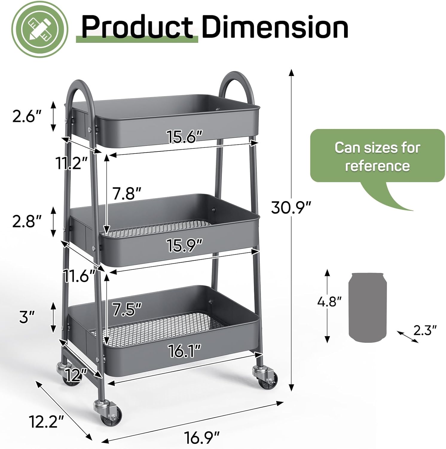 MyDepot Utility Cart 3-Tier Kitchen Storage Rack with Handle and Lockable Wheels for Office, Kitchen, Living Room, Bathroom