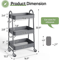 MyDepot Utility Cart 3-Tier Kitchen Storage Rack with Handle and Lockable Wheels for Office, Kitchen, Living Room, Bathroom