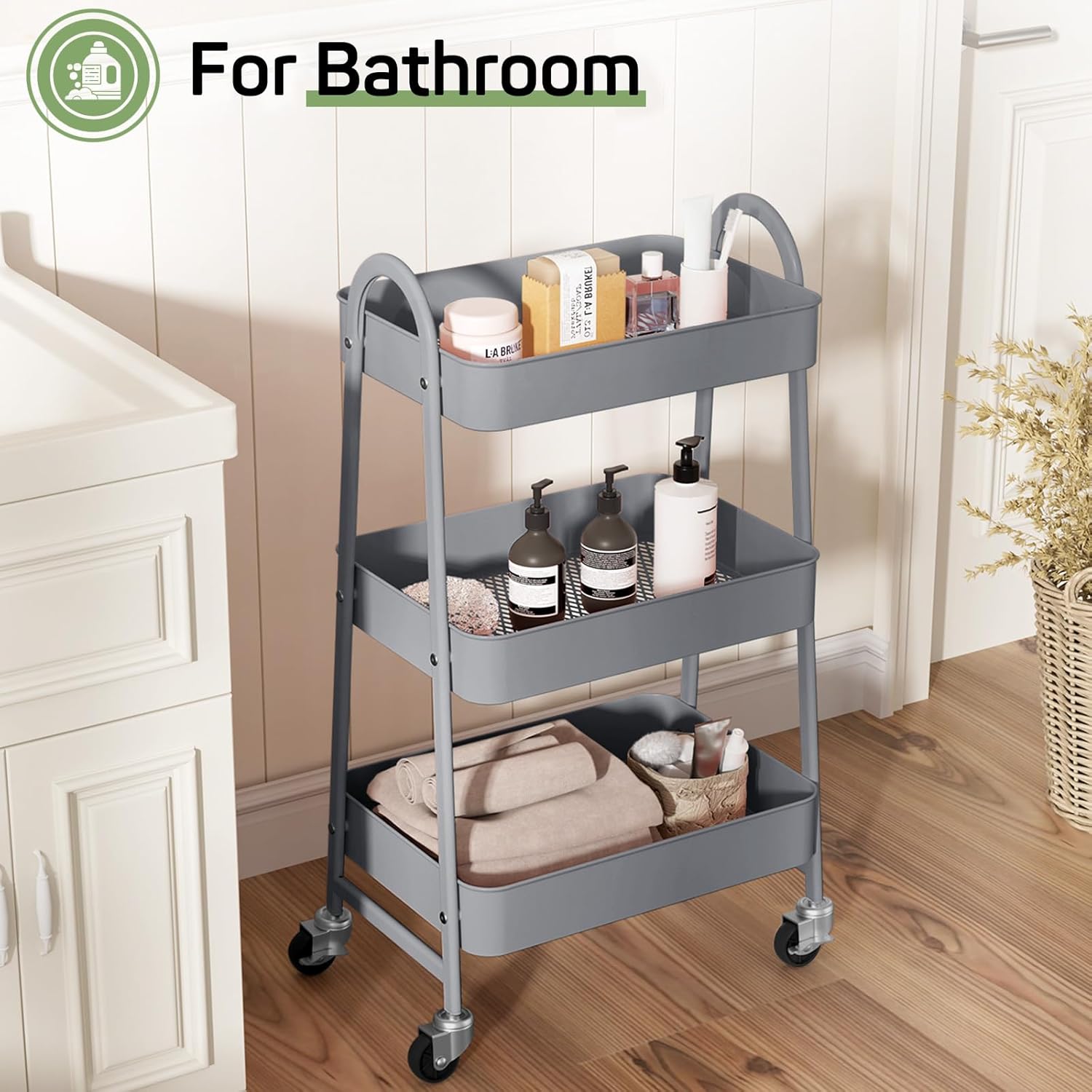 MyDepot Utility Cart 3-Tier Kitchen Storage Rack with Handle and Lockable Wheels for Office, Kitchen, Living Room, Bathroom