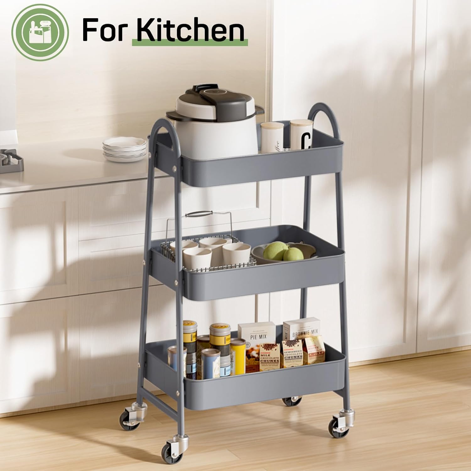 MyDepot Utility Cart 3-Tier Kitchen Storage Rack with Handle and Lockable Wheels for Office, Kitchen, Living Room, Bathroom