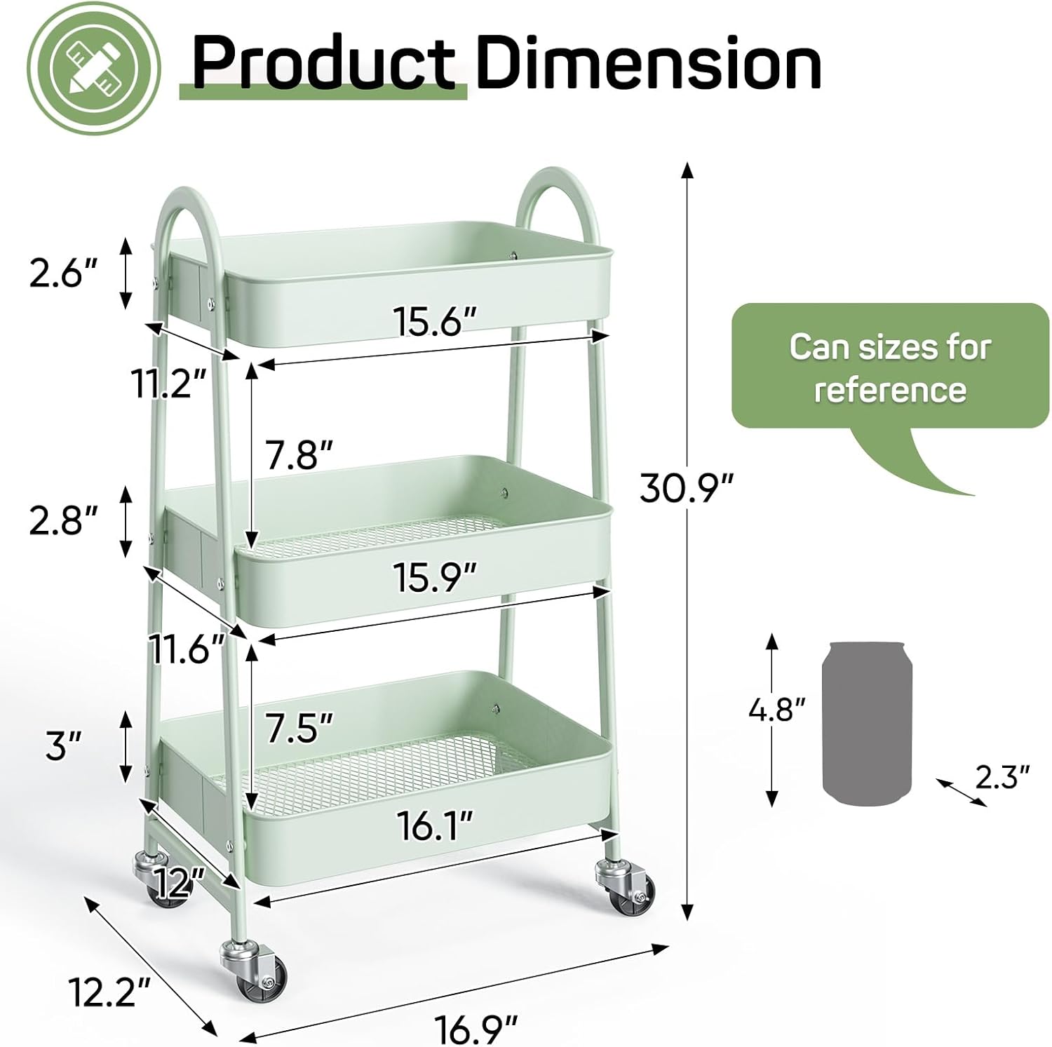 MyDepot Utility Cart 3-Tier Kitchen Storage Rack with Handle and Lockable Wheels for Office, Kitchen, Living Room, Bathroom