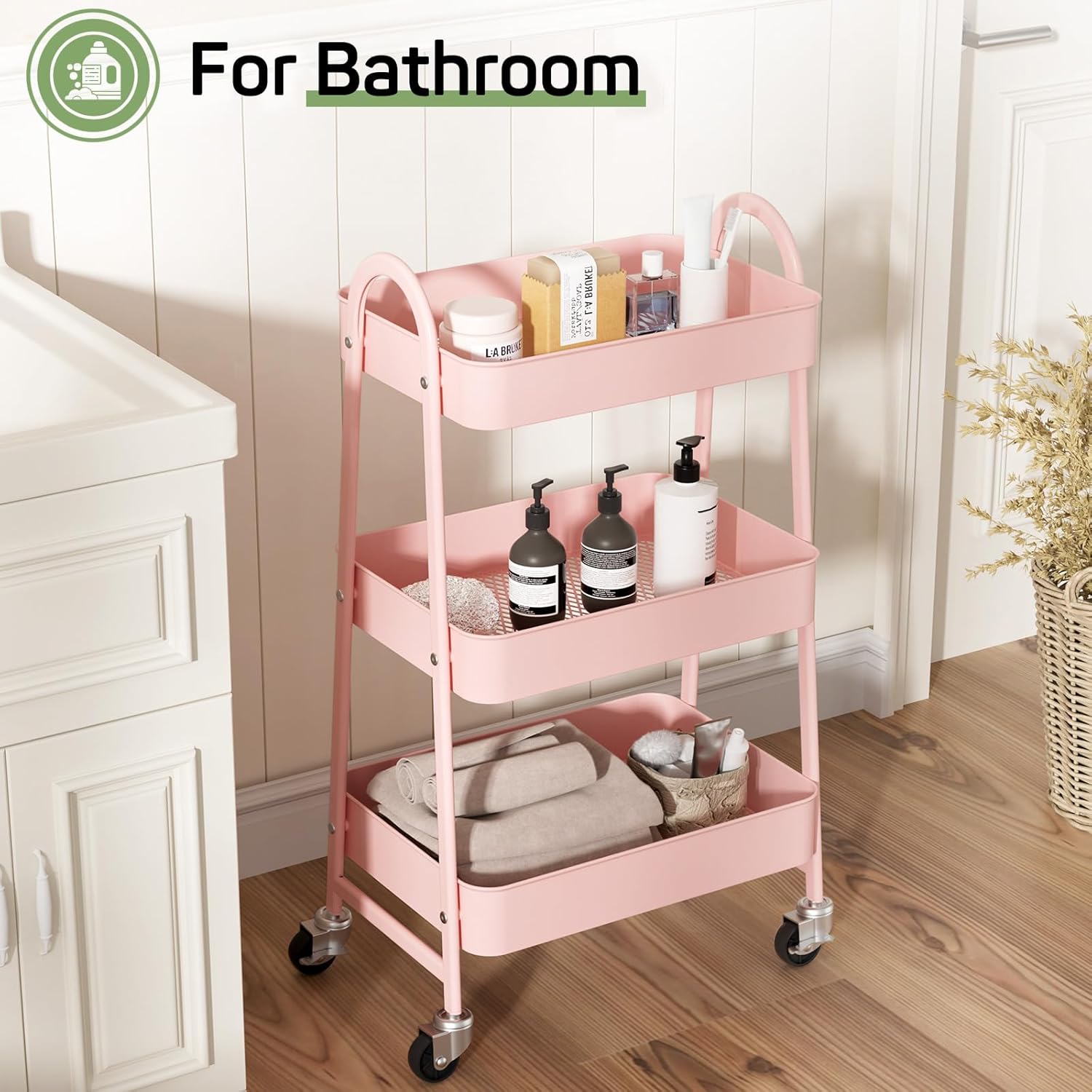 MyDepot Utility Cart 3-Tier Kitchen Storage Rack with Handle and Lockable Wheels for Office, Kitchen, Living Room, Bathroom