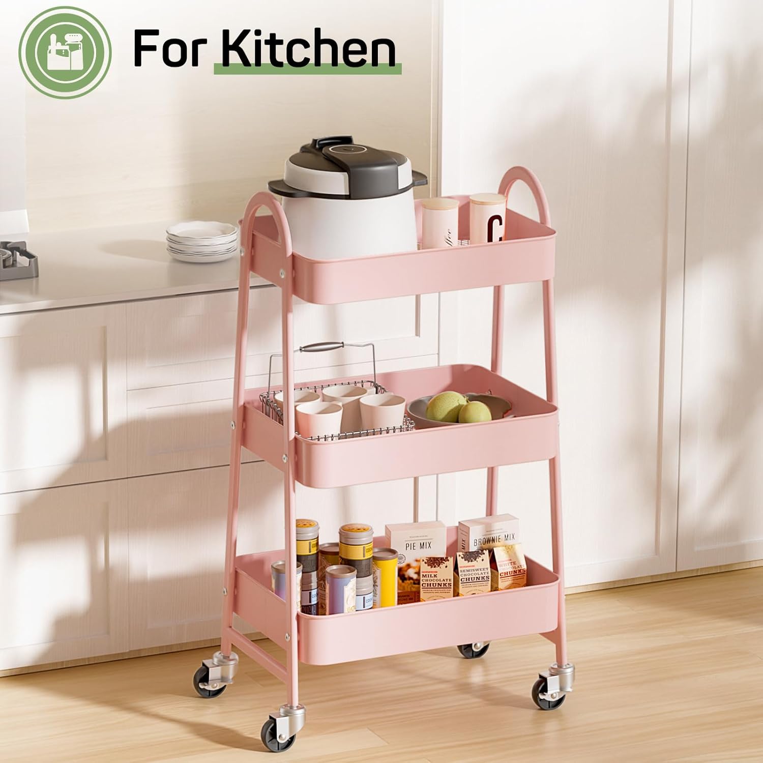 MyDepot Utility Cart 3-Tier Kitchen Storage Rack with Handle and Lockable Wheels for Office, Kitchen, Living Room, Bathroom