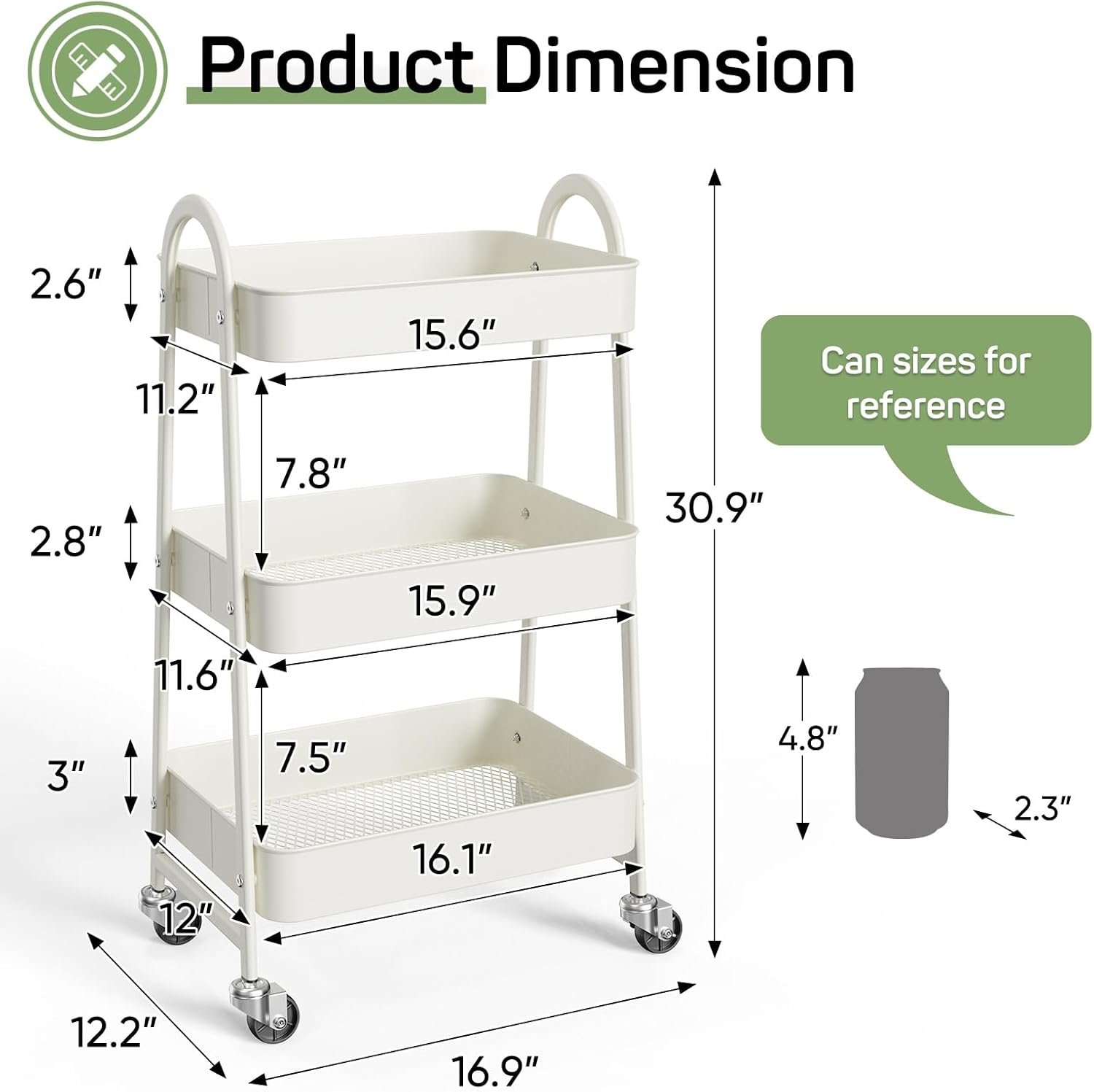 MyDepot Utility Cart 3-Tier Kitchen Storage Rack with Handle and Lockable Wheels for Office, Kitchen, Living Room, Bathroom