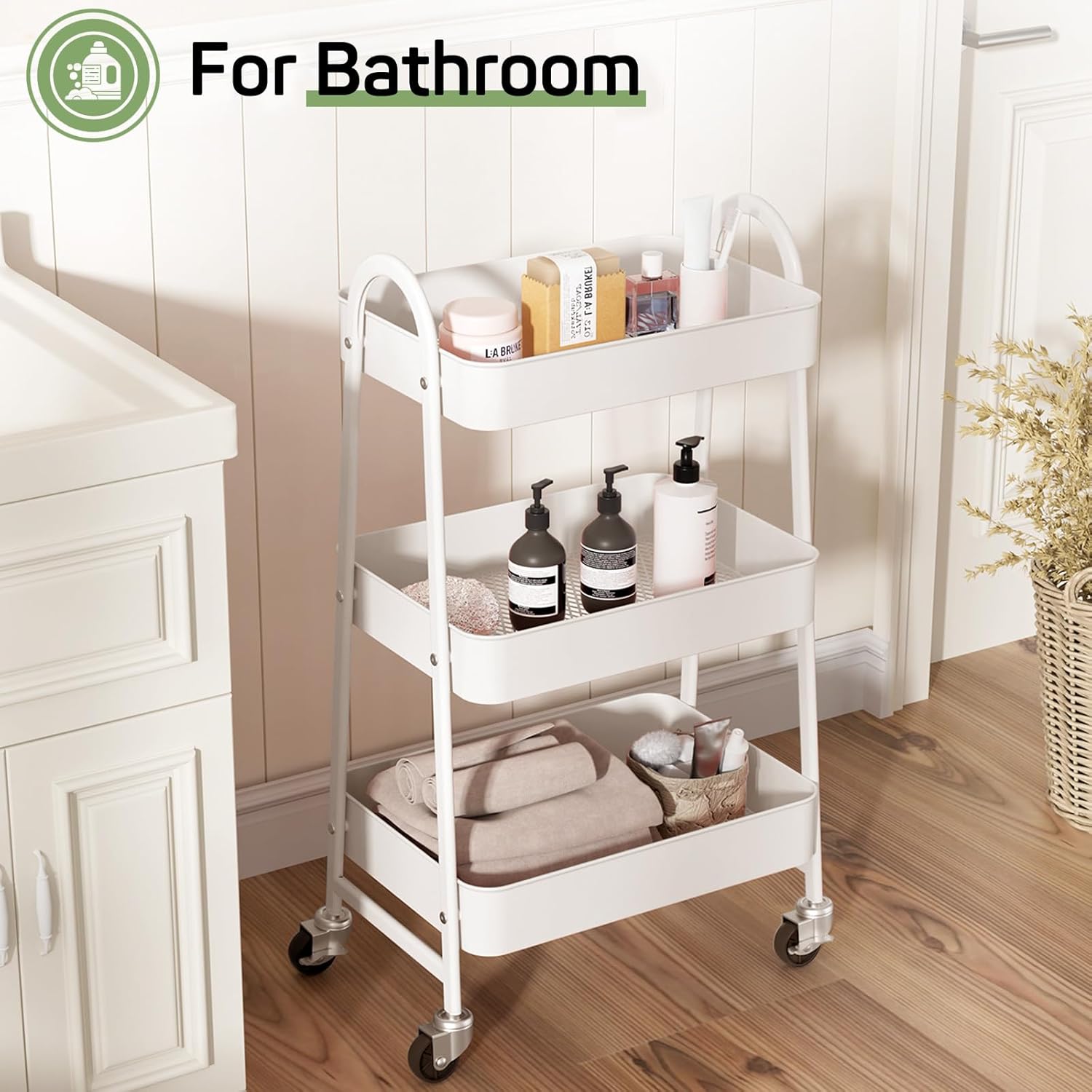 MyDepot Utility Cart 3-Tier Kitchen Storage Rack with Handle and Lockable Wheels for Office, Kitchen, Living Room, Bathroom