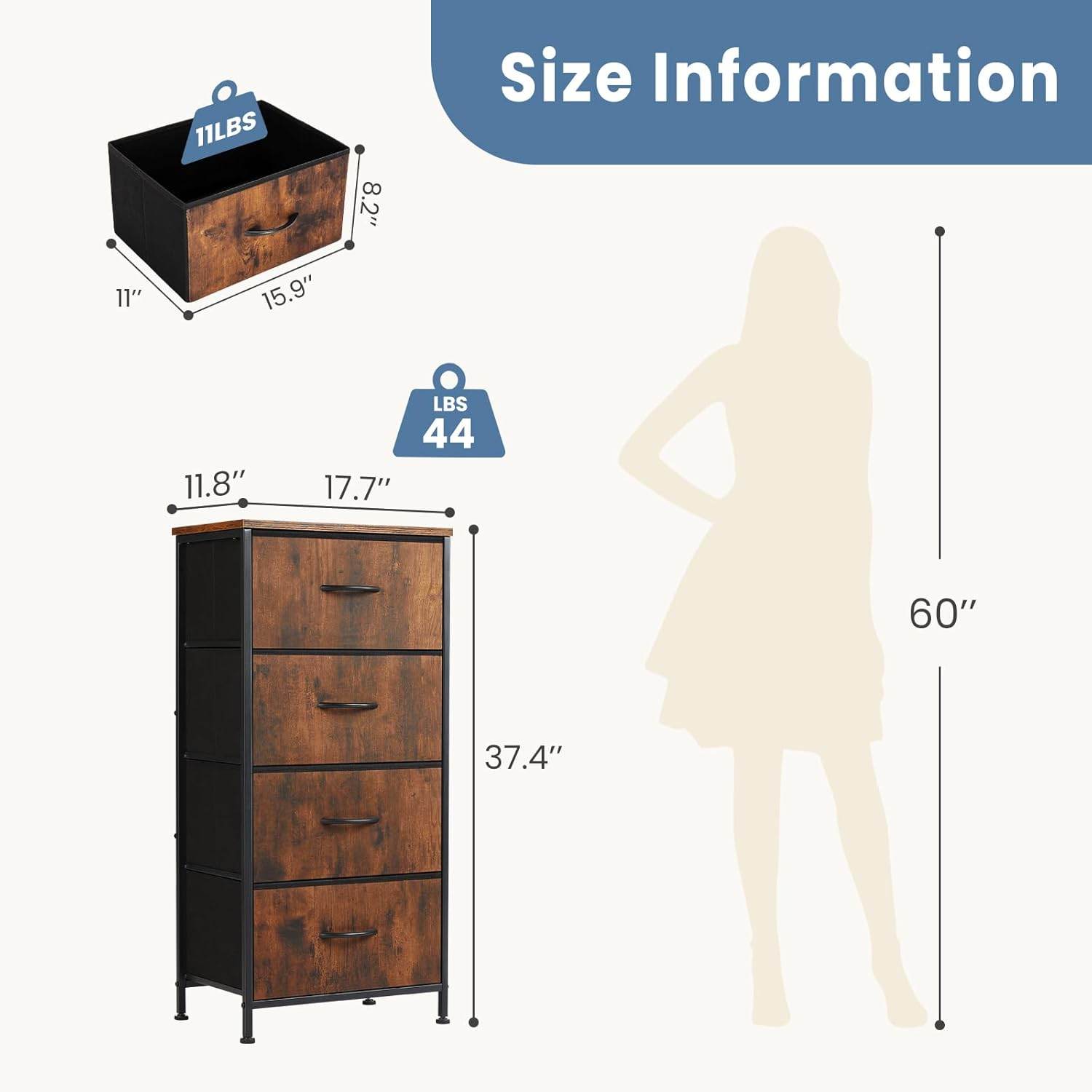 My Depot Dresser with 4 Fabric Drawers
Size Information