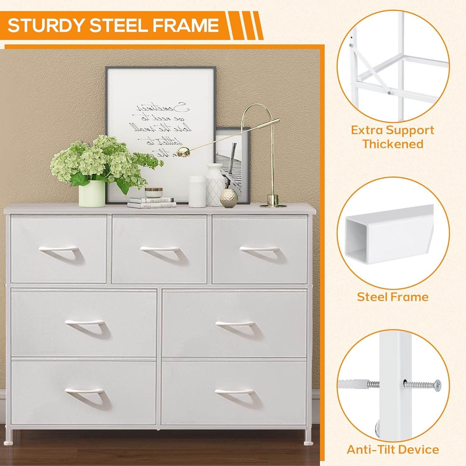 My Depot Bedroom Dresser with 7 Fabric Drawers 
STURDY STEEL FRAME