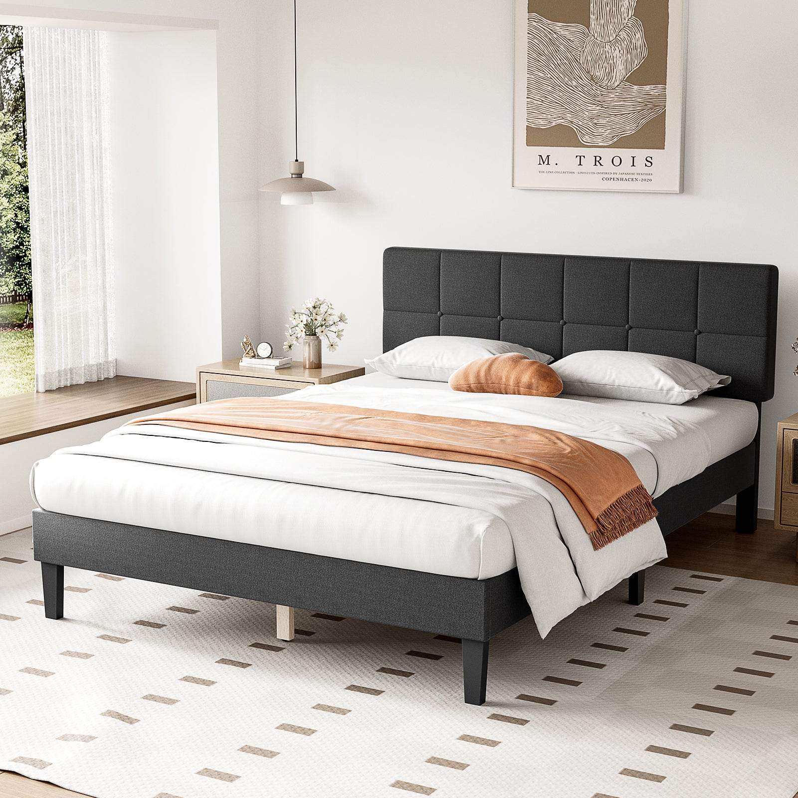 MyDepot Bed Frame - Linen Upholstered Platform Bed with Headboard, No Box Spring - My Depot