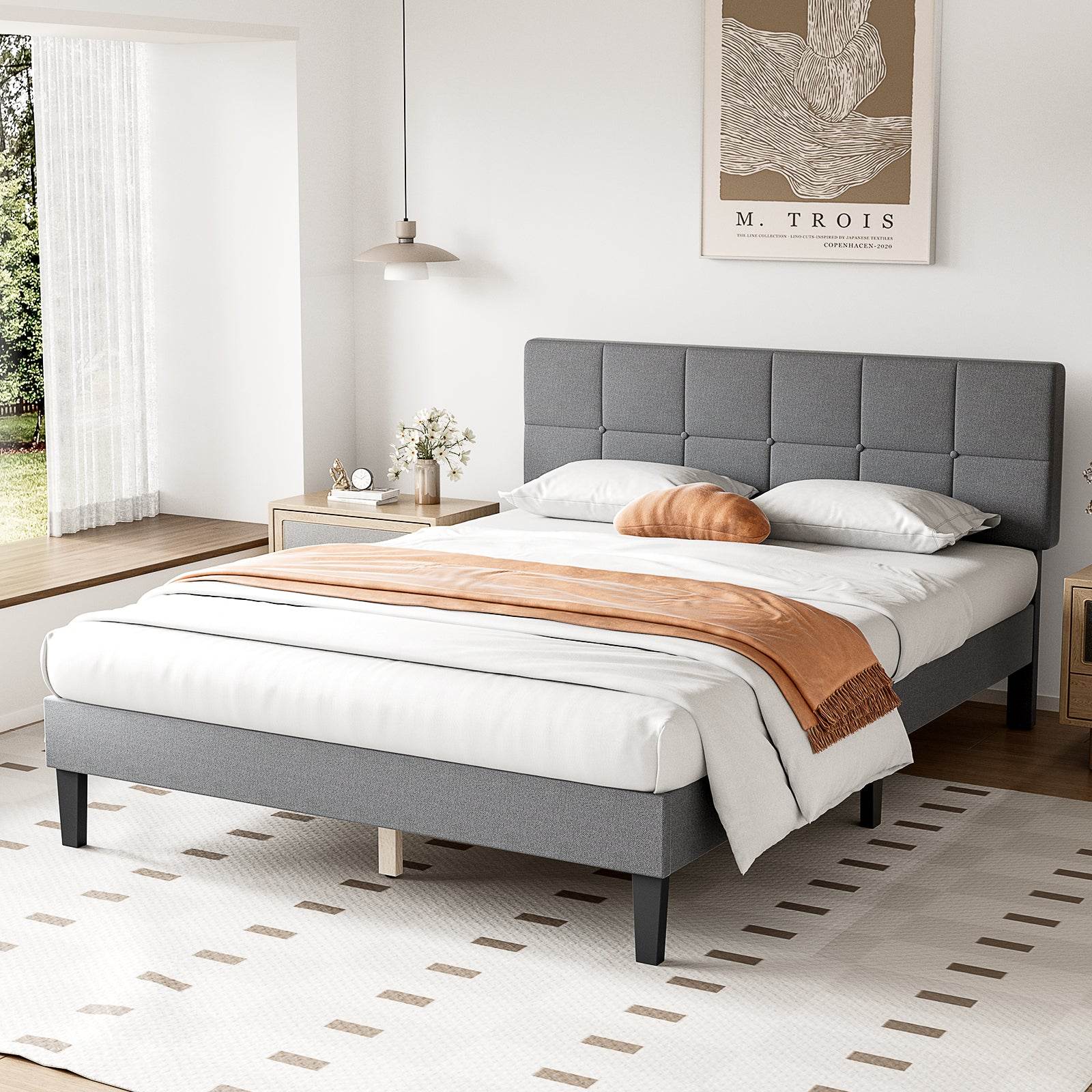 MyDepot Bed Frame - Linen Upholstered Platform Bed with Headboard, No Box Spring - My Depot