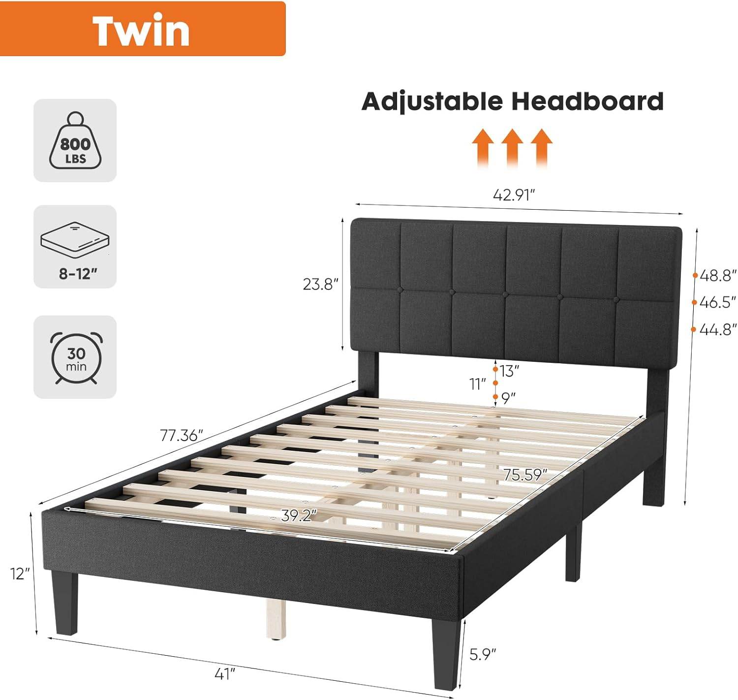 MyDepot Bed Frame 
Twin
Adjustable Headboard