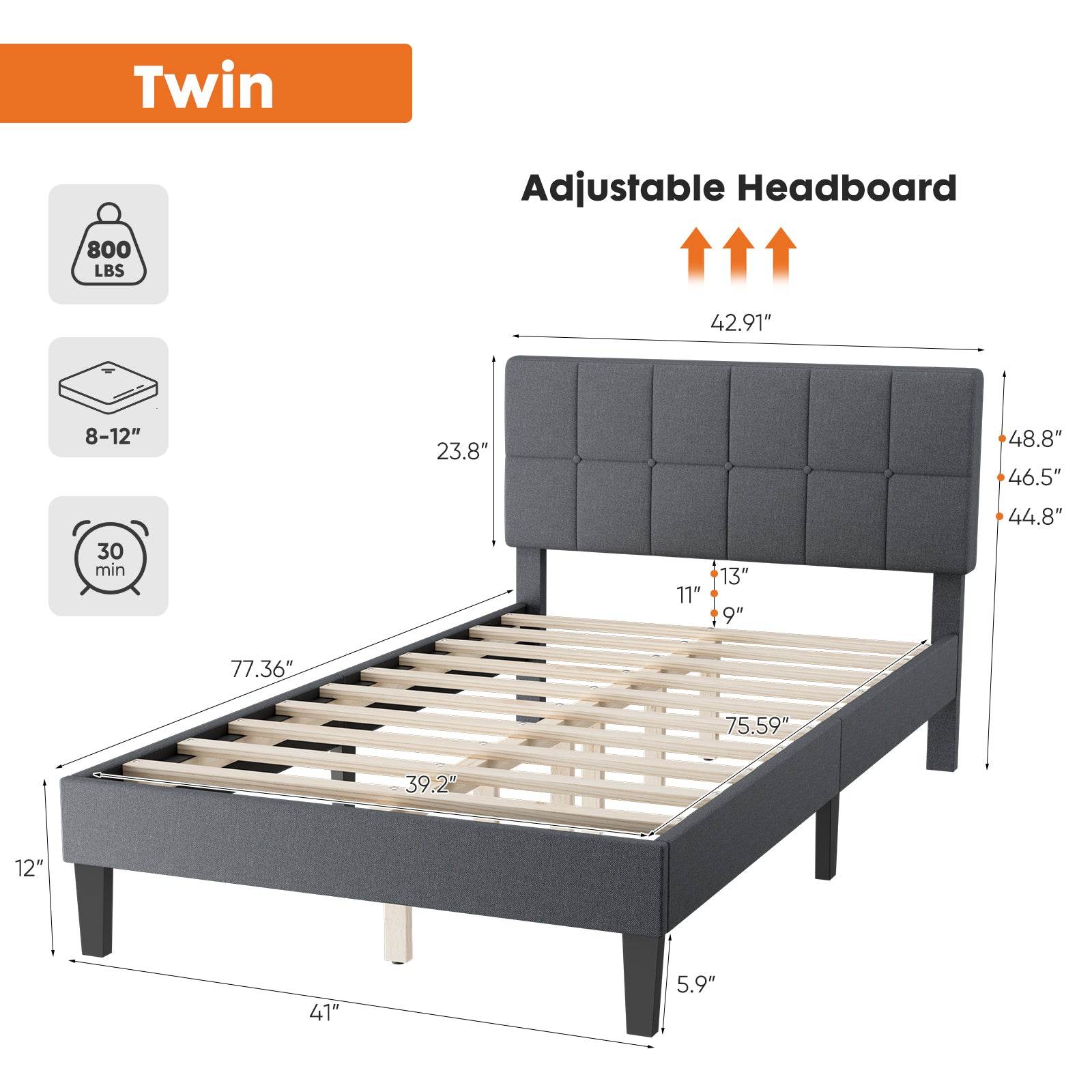 MyDepot Bed Frame 
Twin
Adjustable Headboard