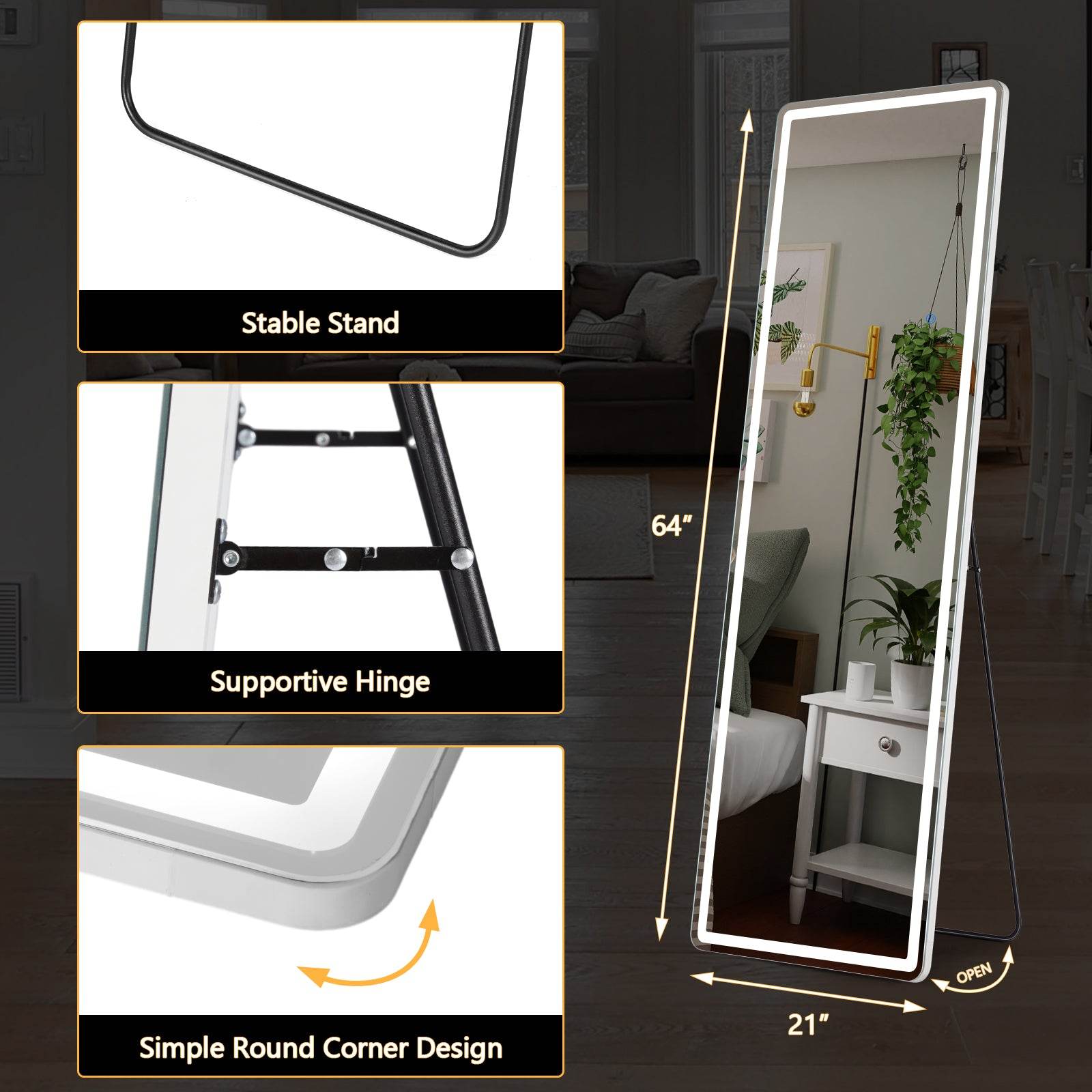 MyDepot Full Length Mirror with LED Lights Floor Standing Hanging Reclining High Rectangular/Arched Mirror with Bracket Aluminum Alloy Frame Dimmable Three Color Lighting Suitable for Bedroom Cloakroom - My Depot