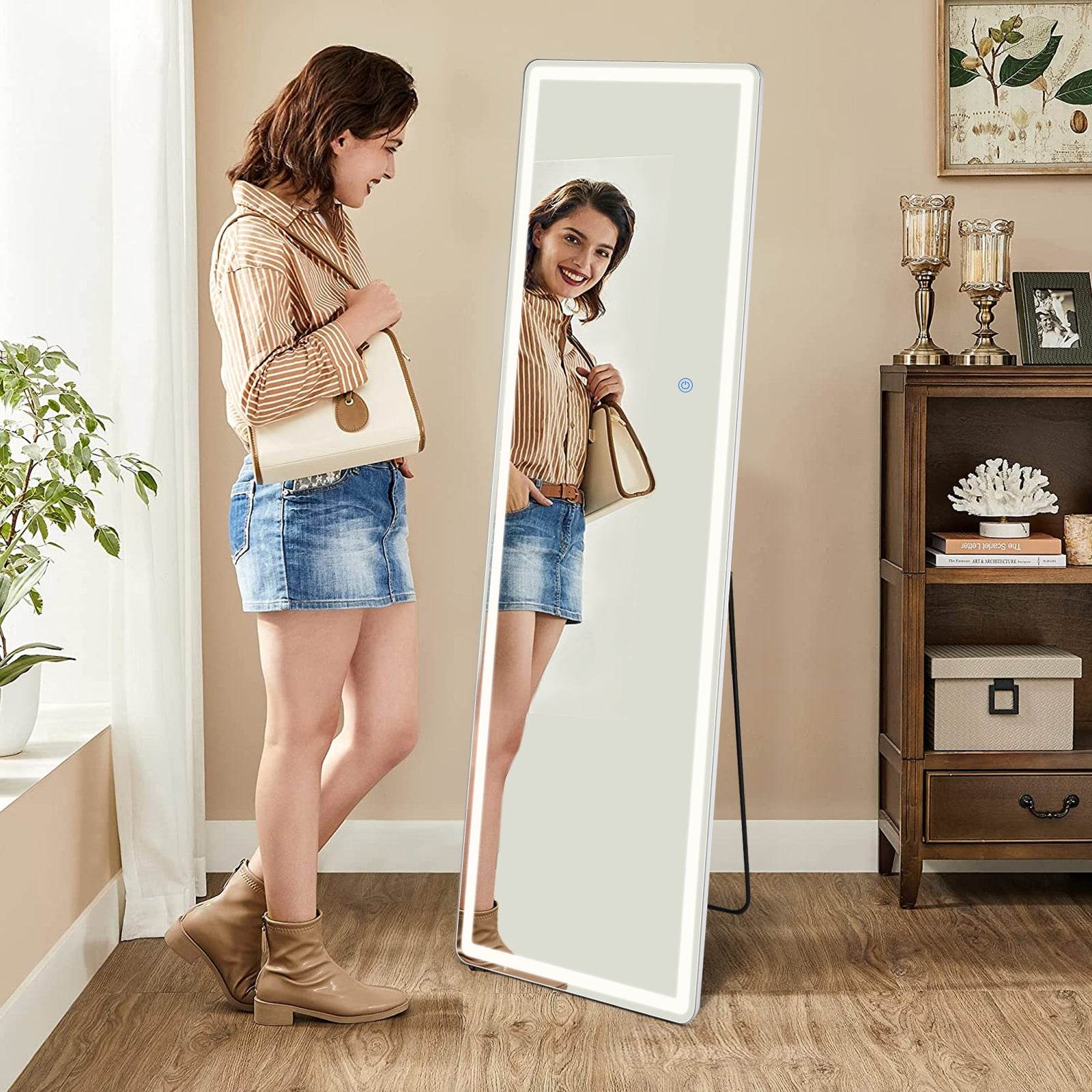 MyDepot Full Length Mirror with LED Lights Floor Standing Hanging Reclining High Rectangular/Arched Mirror with Bracket Aluminum Alloy Frame Dimmable Three Color Lighting Suitable for Bedroom Cloakroom - My Depot