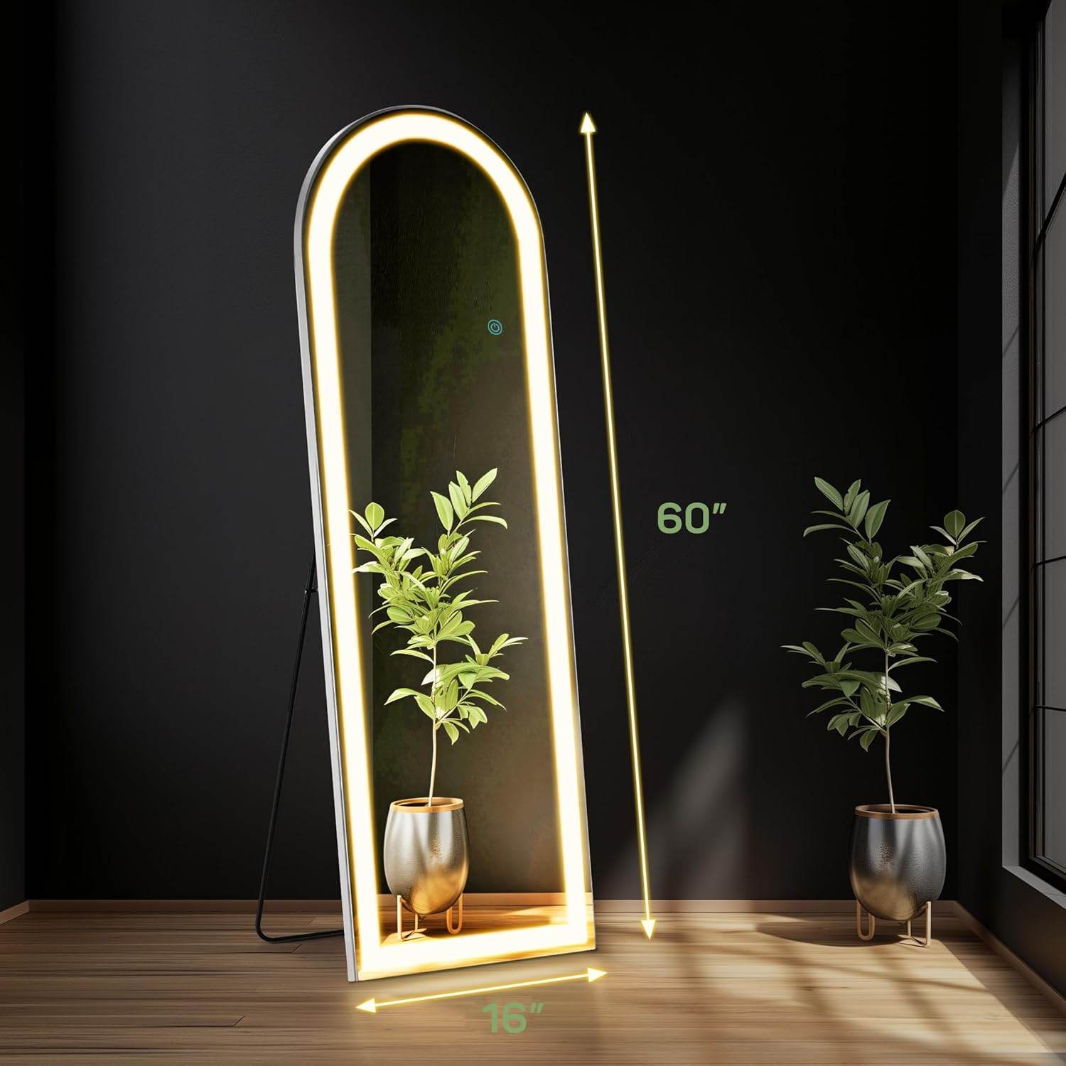 MyDepot Full Length Mirror with LED Lights Floor Standing Hanging Reclining High Rectangular/Arched Mirror with Bracket Aluminum Alloy Frame Dimmable Three Color Lighting Suitable for Bedroom Cloakroom - My Depot