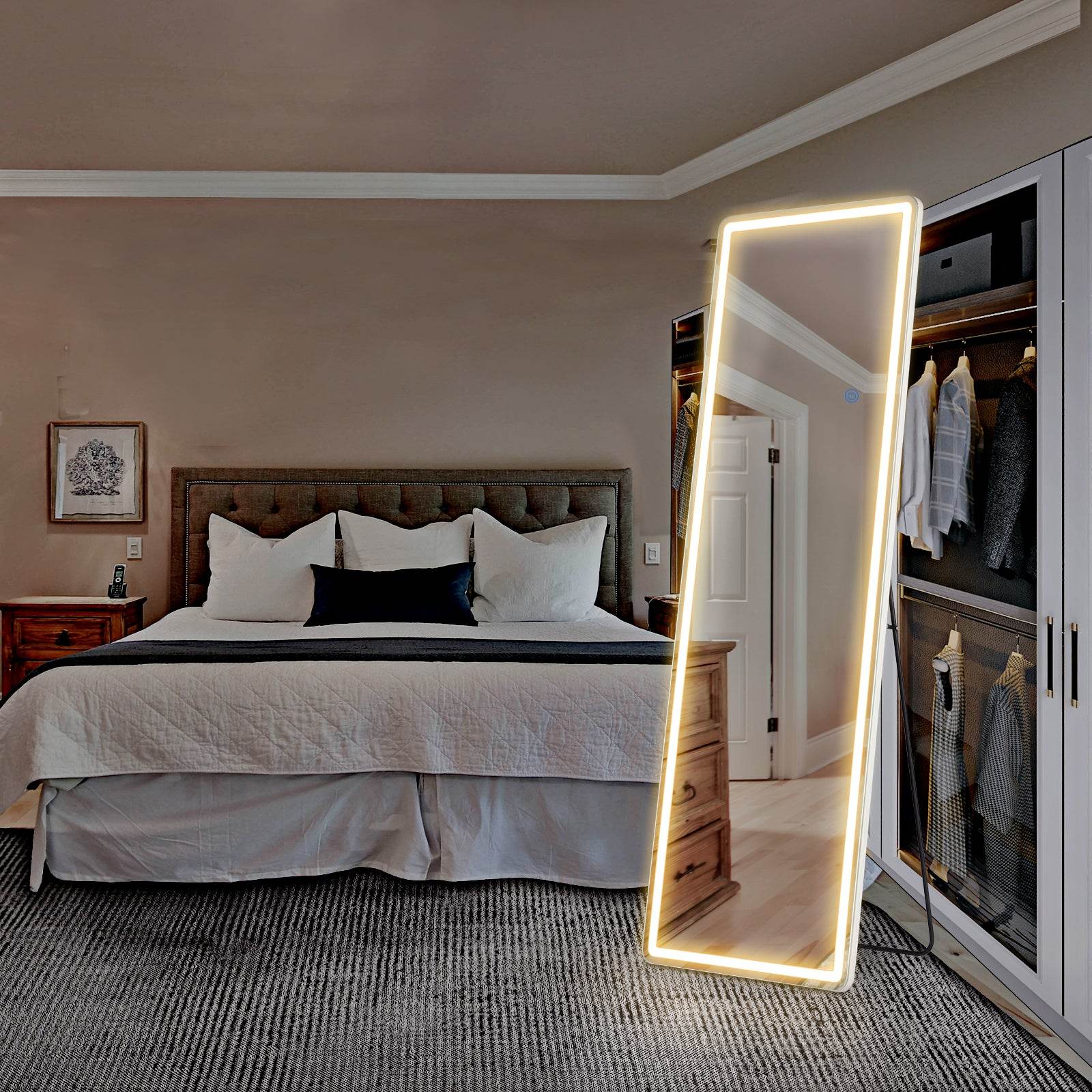 MyDepot Full Length Mirror with LED Lights Floor Standing Hanging Reclining High Rectangular/Arched Mirror with Bracket Aluminum Alloy Frame Dimmable Three Color Lighting Suitable for Bedroom Cloakroom - My Depot