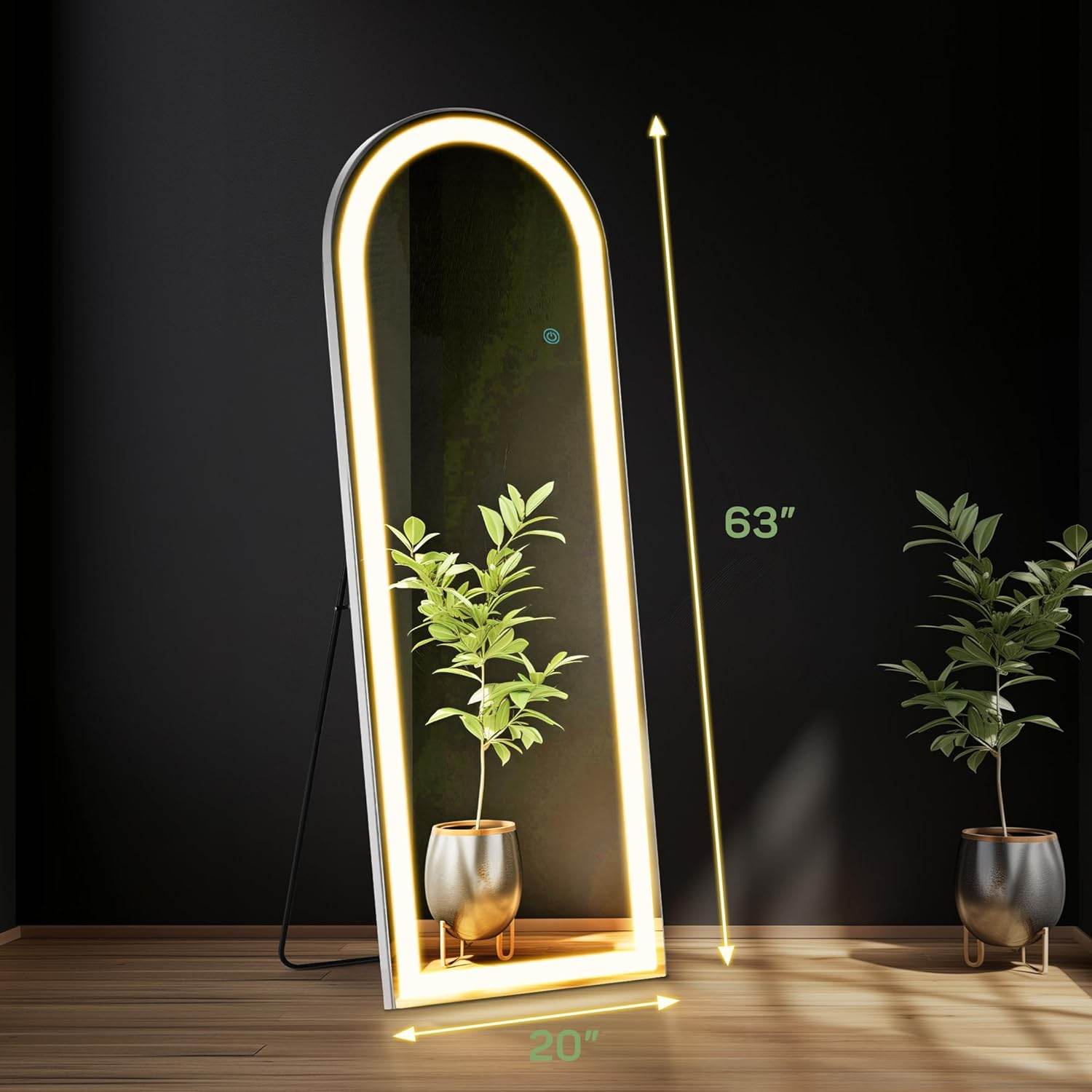 MyDepot Full Length Mirror with LED Lights Floor Standing Hanging Reclining High Rectangular/Arched Mirror with Bracket Aluminum Alloy Frame Dimmable Three Color Lighting Suitable for Bedroom Cloakroom - My Depot