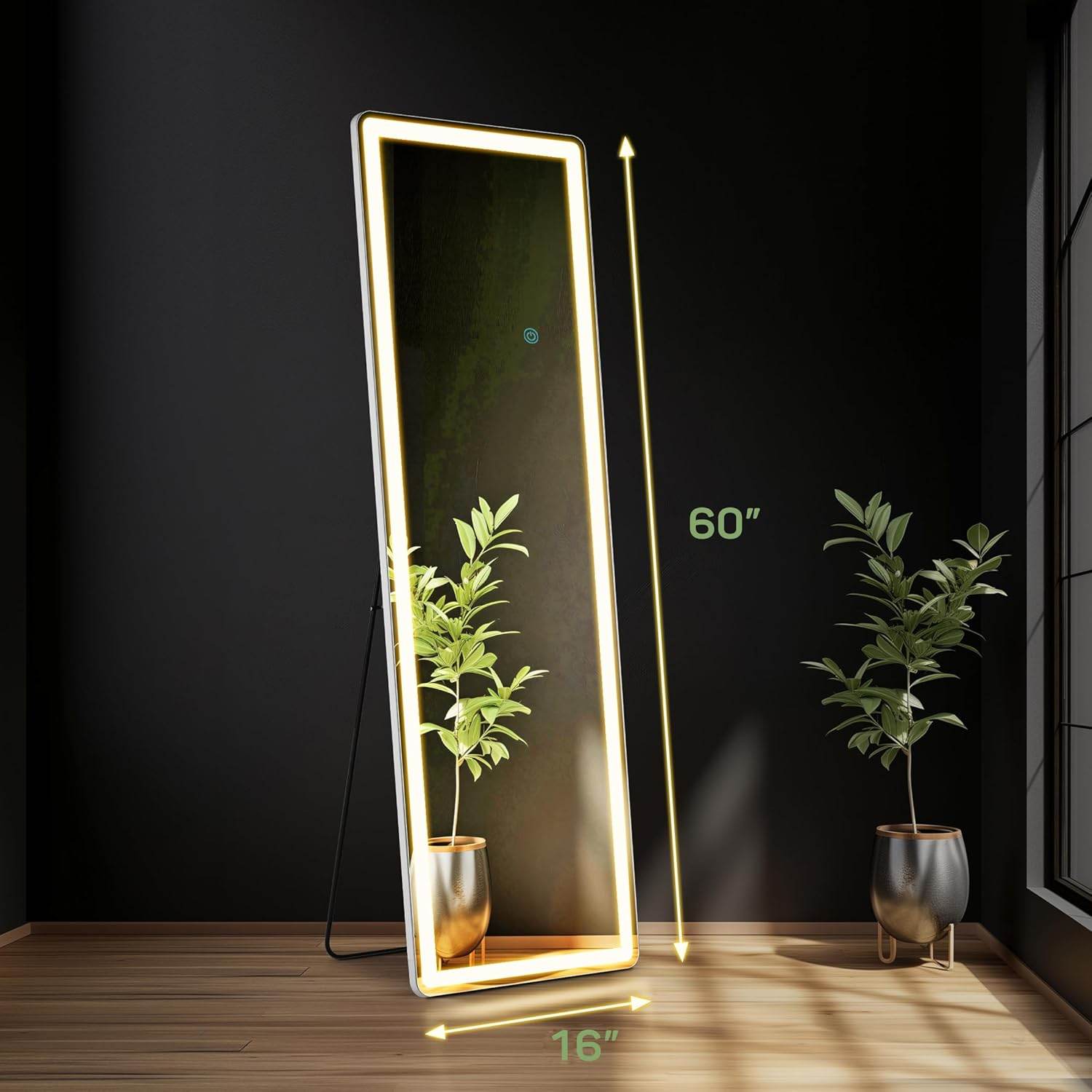 MyDepot Full Length Mirror with LED Lights Floor Standing Hanging Reclining High Rectangular/Arched Mirror with Bracket Aluminum Alloy Frame Dimmable Three Color Lighting Suitable for Bedroom Cloakroom - My Depot