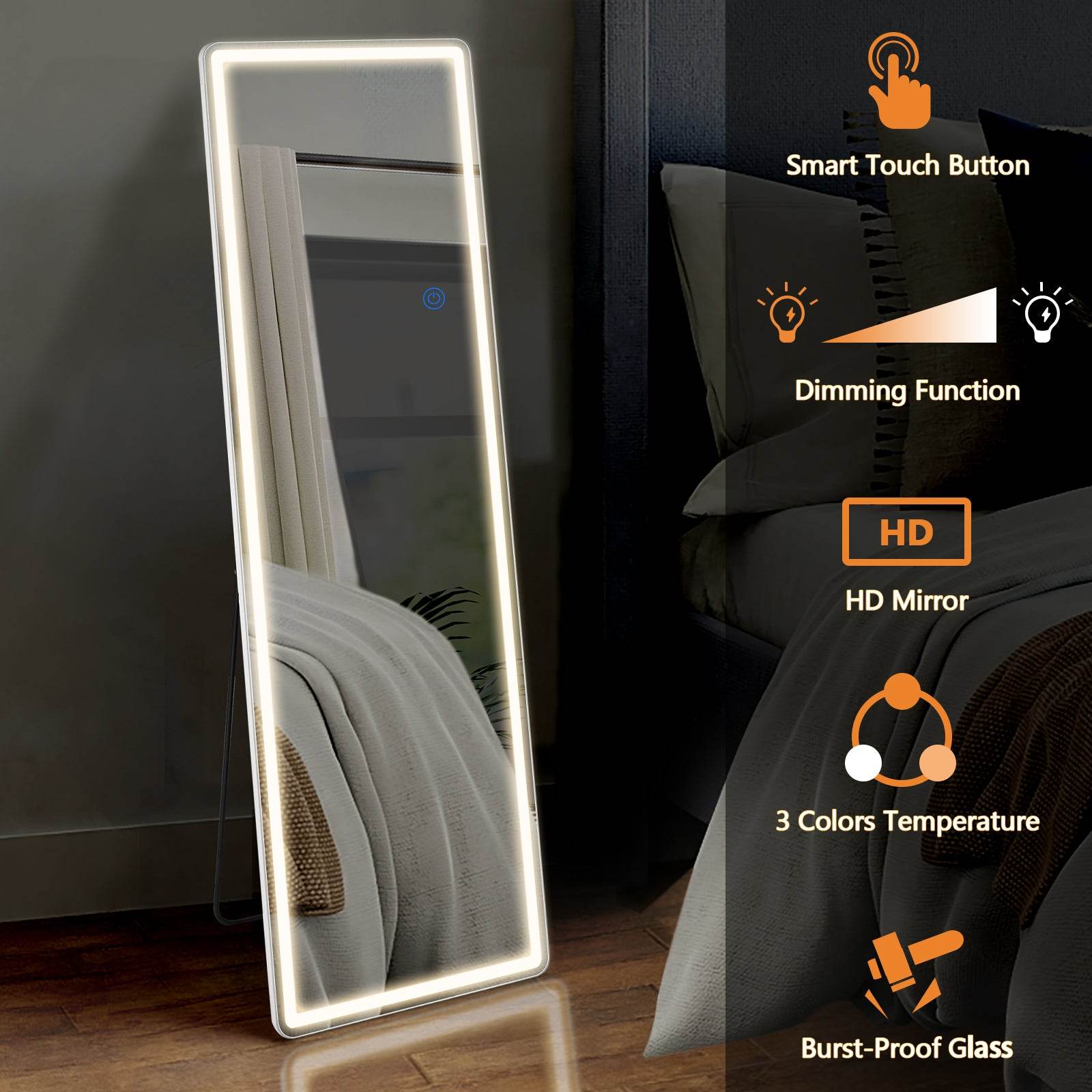 MyDepot Full Length Mirror with LED Lights Floor Standing Hanging Reclining High Rectangular/Arched Mirror with Bracket Aluminum Alloy Frame Dimmable Three Color Lighting Suitable for Bedroom Cloakroom - My Depot